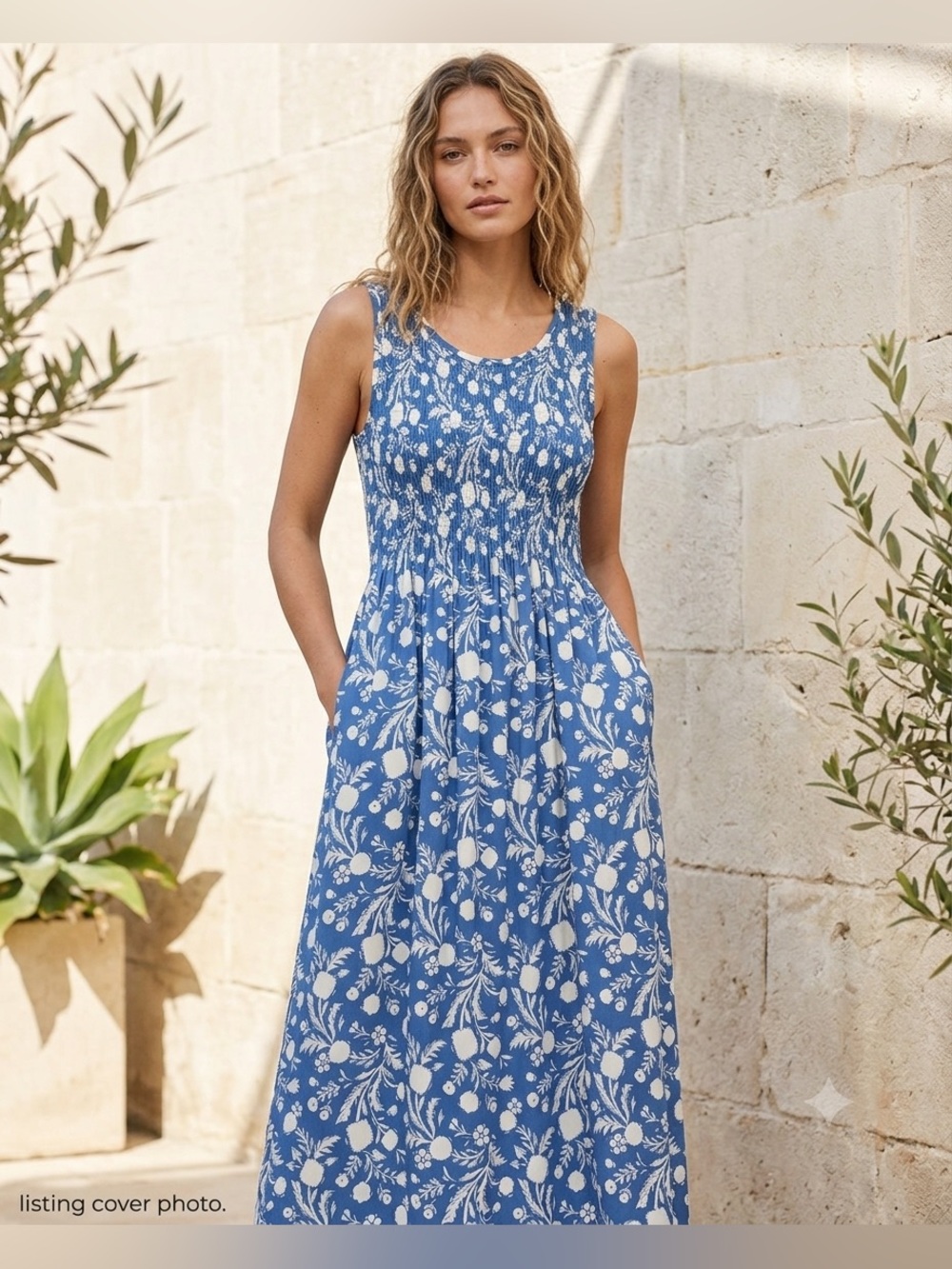 Croft & Barrow Womens Sm Blue White Floral Smocked Sleeveless Rayon Maxi Dress